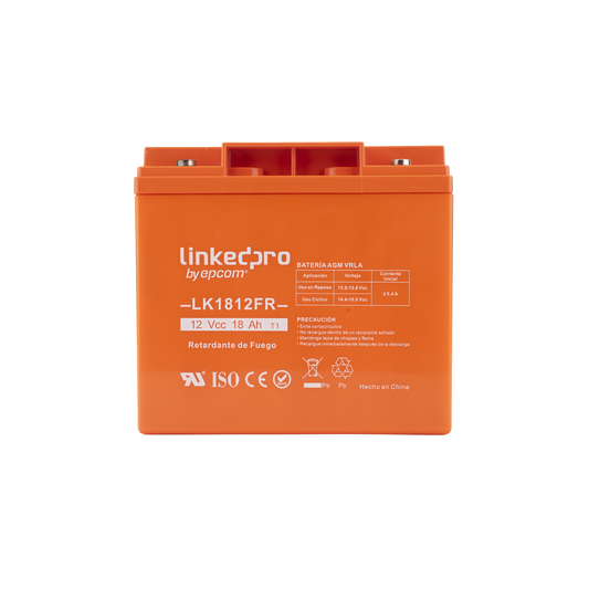 Batería 12 V / 18 Ah / UL / Tecnología AGM / Vida útil promedio de 5 años / Retardante a la Flama / Para uso en equipo electrónico, Alarmas de Intrusión / Incendio/ Control de acceso / Video Vigilancia / TermInale