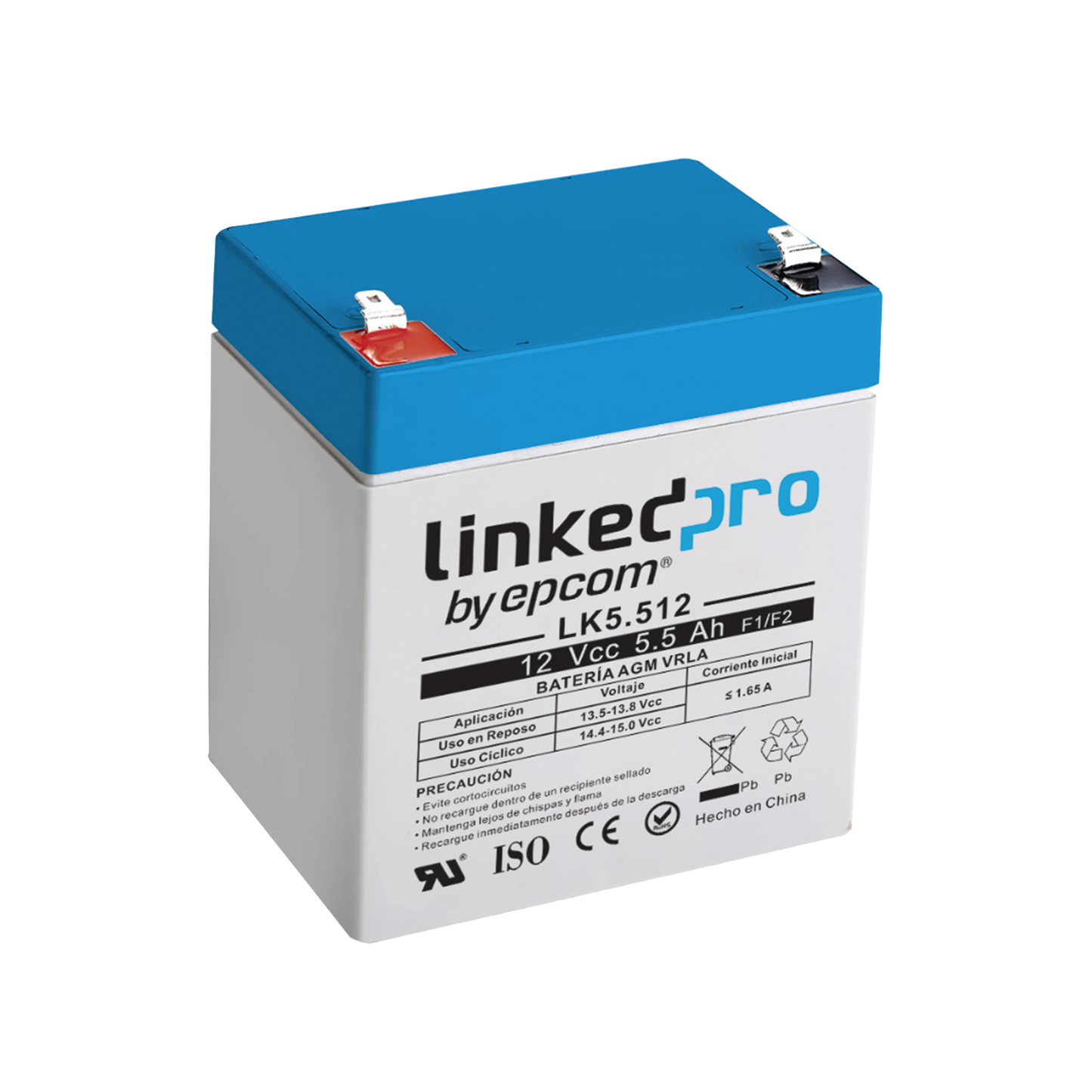 Batería 12 V / 5.5 Ah / UL / Vida útil promedio 5 años / Tecnología AGM / Para uso en equipo electrónico, Alarmas de Intrusión / Incendio/ Control de acceso / Video Vigilancia / Terminales F1 ( Incluye adaptador F