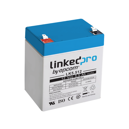 Batería 12 V / 5.5 Ah / UL / Vida útil promedio 5 años / Tecnología AGM / Para uso en equipo electrónico, Alarmas de Intrusión / Incendio/ Control de acceso / Video Vigilancia / Terminales F1 ( Incluye adaptador F