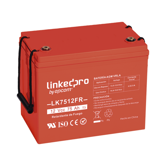 Batería 12 Vcc / 75 Ah / UL / Tecnología AGM-VRLA / Retardo a la flama / Para uso en equipo electrónico, Alarmas de Intrusión / Incendio/ Control de acceso / Video Vigilancia / T2