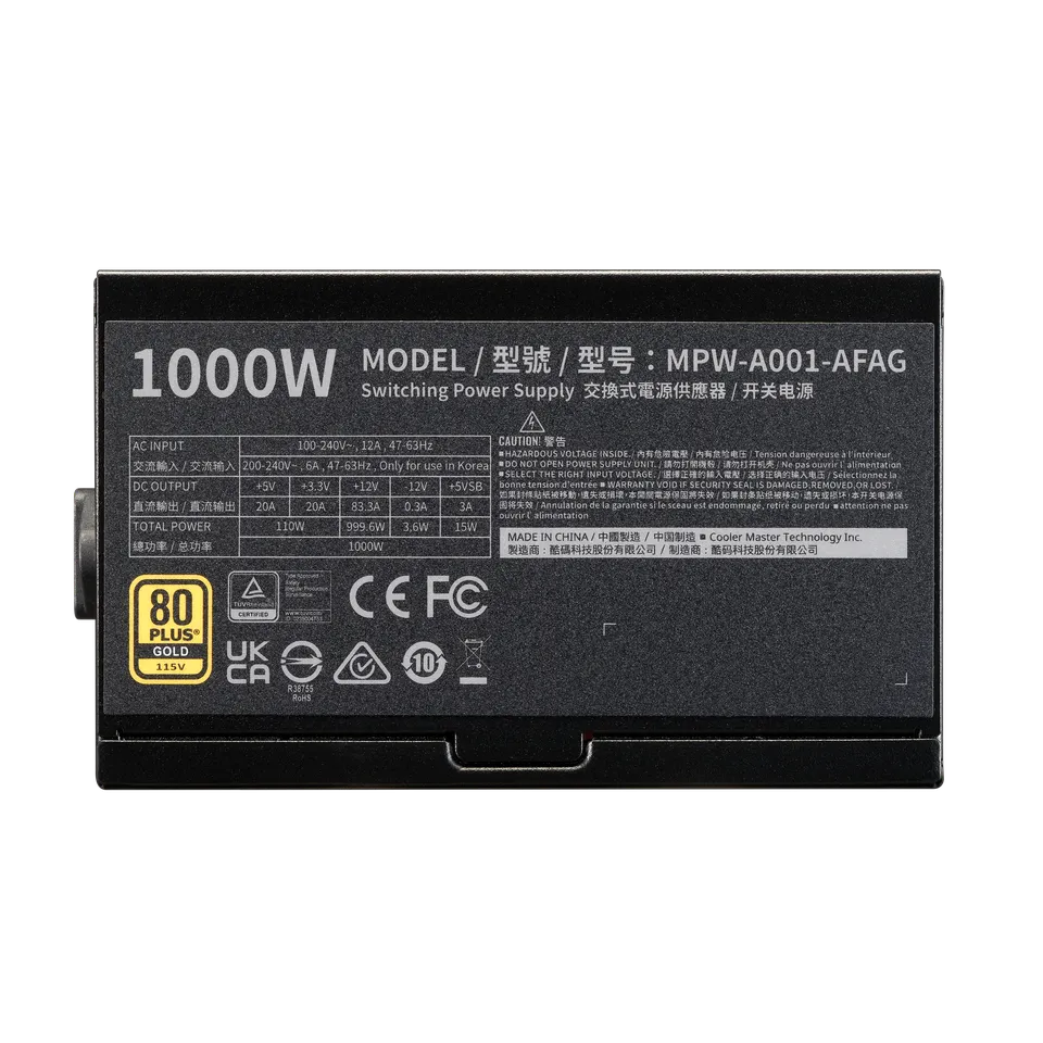Fuente De Poder Cooler Master / Elite Gold 1000w / V3 Atx 3.1 / 80 Plus Gold Certificada / Modular / Gamer