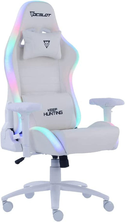 Silla Ocelot Gaming Orgb-white Thundra / Vinipiel / Rgb / Base Metalica Ajustable / Descansabrazos 4d / Piston Clase 4 / Reclinable 90-155 Grados / Hasta 150kg / Cojines Lumbar Y Cervical / Color Blan