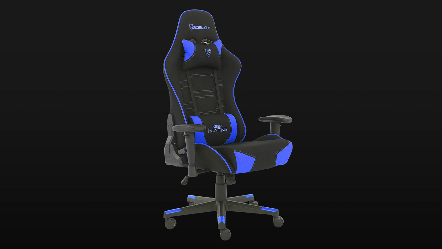 Silla Ocelot Gaming Ost-electric Blue / Tela Automotriz / Base Nylon Ajustable / Descansabrazos 1d / Piston Clase 4 / Reclinable 90-155 Grados / Hasta 150kg / Cojines Lumbar Y Cervical / Color Negro C