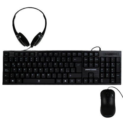 Kit Teclado / Mouse / Diadema Con Microfono Integrado Alambricos Conector Usb / 3.5mm Perfect Choice - Negro