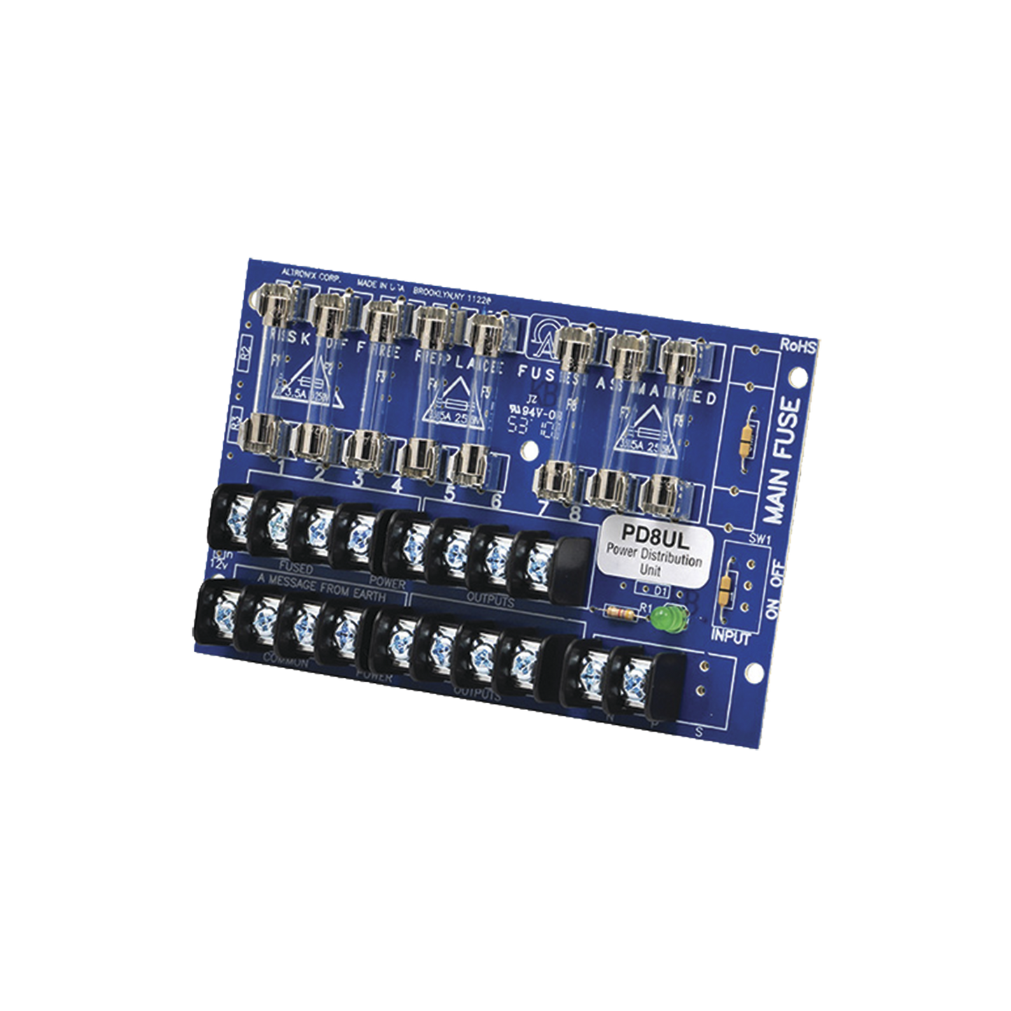 Tablero distribuidor de voltaje, 8 salidas con fusible de protección. Para uso con Fuentes de poder ALTRONIX.