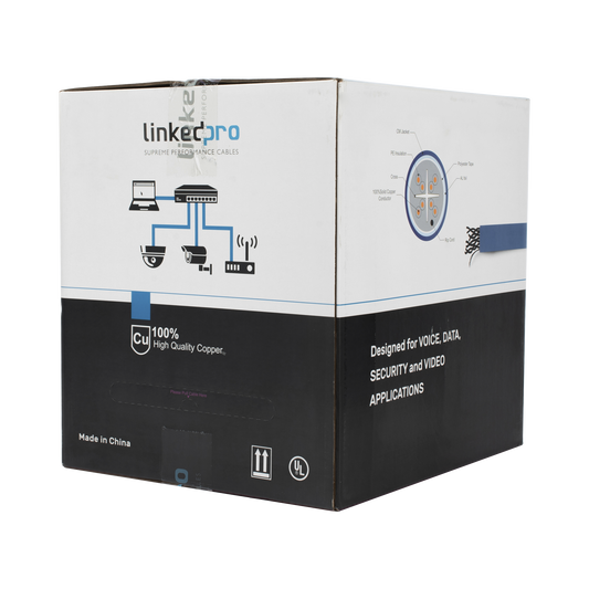 Bobina de cable de 305 metros Cat6+ Blindado F/UTP, CM, CALIBRE 23 ALTO RENDIMIENTO, ETL,UL, color azul, super flexible, para aplicaciones de video vigilancia, video HD, y redes de datos. Uso interior.