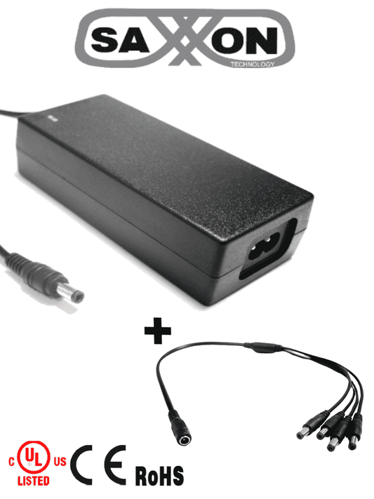 Fuente De Poder Saxxon/ Paquete De Fuente De Poder Regulada De 12 Vcc 4.1 Amperes + Divisor Para 4 Camaras/ Color Negro/ Para Usos Multiples: Sistemas De Cctv, Acceso, Etc/ Certificacion Ul/