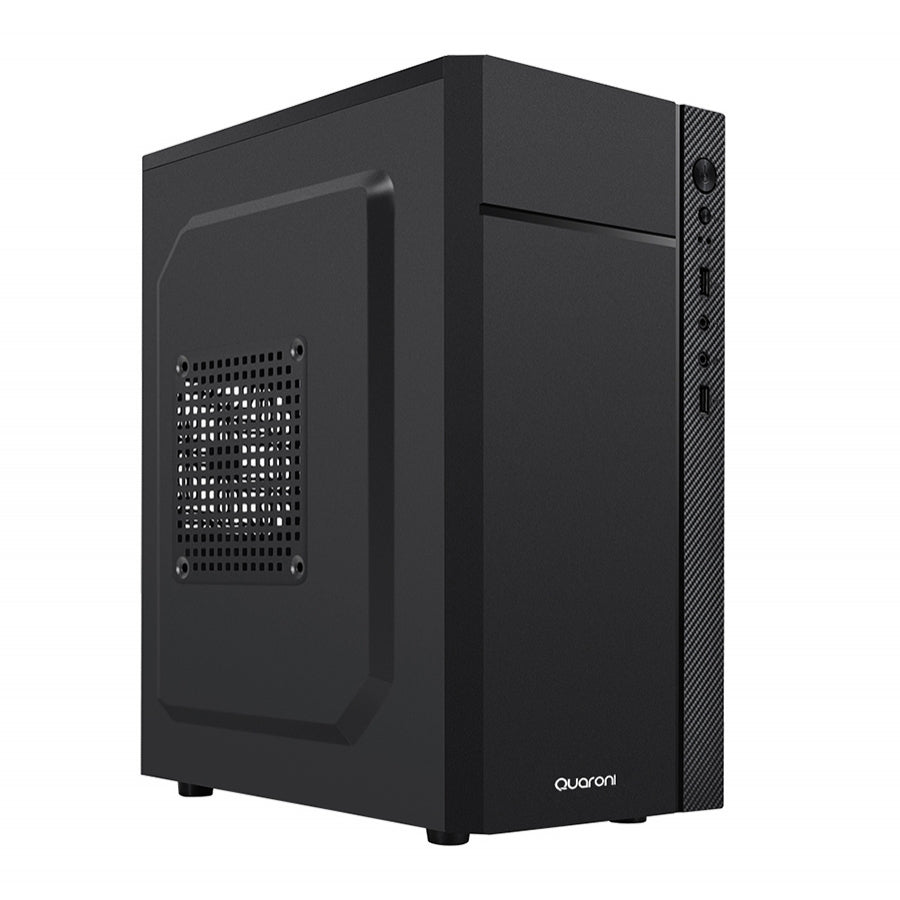 Gabinete Quaroni Frente Abs, Negro Con Franja Tipo Fibra De Carbono, Micro Atx / Mini Itx, Fuente De Poder Incluida De 500w