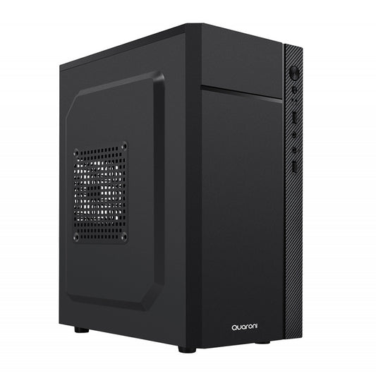 Gabinete Quaroni Frente Abs, Negro Con Franja Tipo Fibra De Carbono, Micro Atx / Mini Itx, Fuente De Poder Incluida De 500w