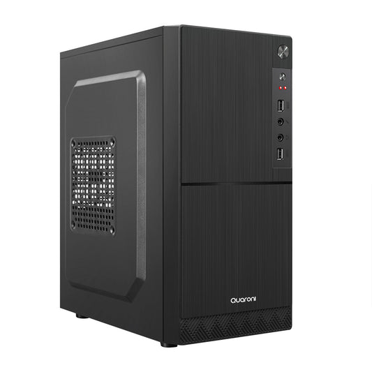 Gabinete Quaroni Frente Abs, Negro Tipo Alumino Cepillado Con Encendido Y Puertos Laterales, Micro Atx / Mini Itx, Fuente De Poder Incluida De 500w