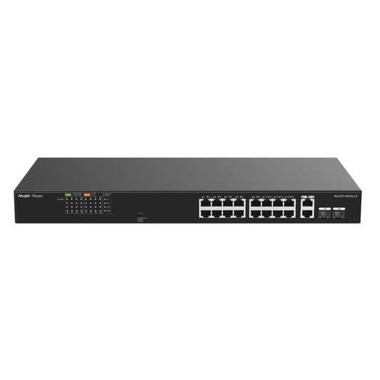 Switch PoE+ 120 Watts, No Administrable Ideal para CCTV, 16 Puertos 10/100, 2 Uplinks Gigabit y 2 SFP, Carcasa Metálica
