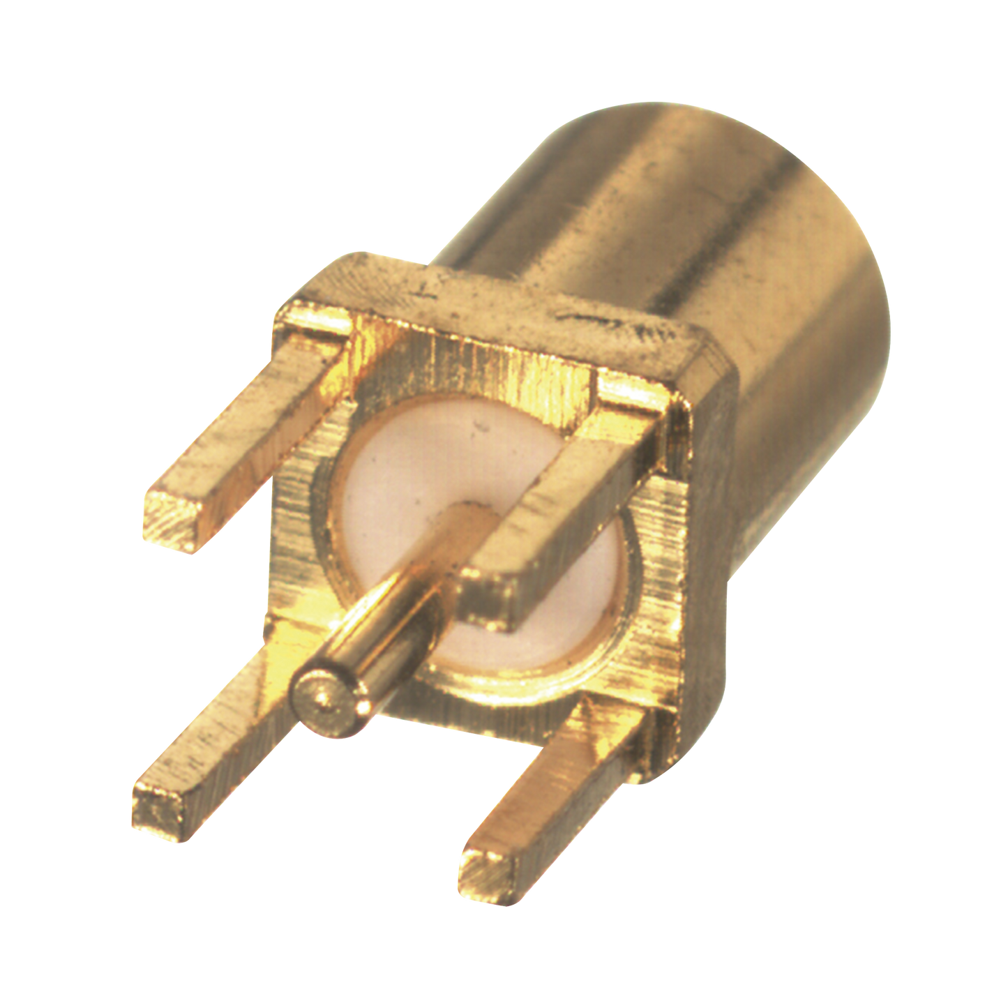 Conector MMCX Hembra para Montaje Vertical con 4 Patas y Terminal para soldar en PCB, Oro/ Oro/ Teflón.
