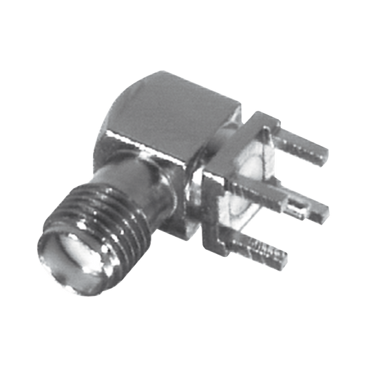 Conector SMA Hembra en Ángulo Recto con Terminal y 4 Patas para Montaje PCB, Níquel/ Oro/ Teflón.???