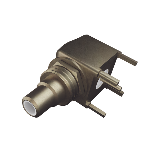 Conector SMB Hembra (PIN Macho) en Ángulo Recto para Montaje en PCB, 4 Patas, Oro/ Oro/ Teflón.???