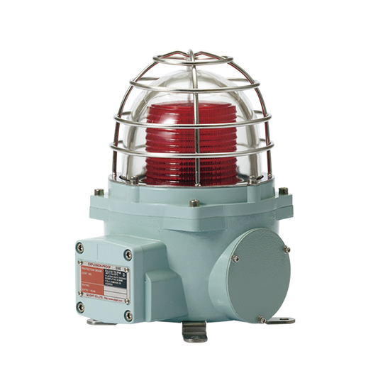 Baliza con luz LED color Rojo con patrón de destello fijo o flasheante, ideal para zonas y áreas peligrosas, opera en un rango de 12-24 VCD