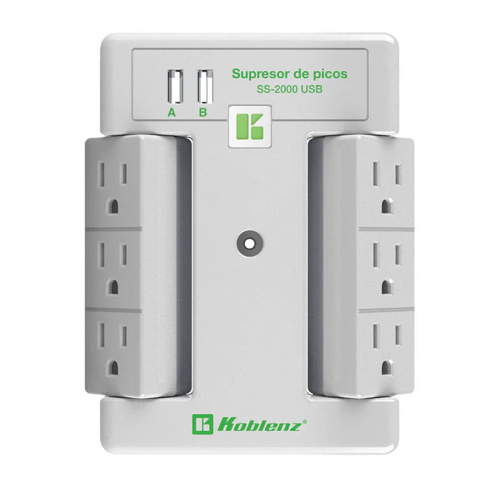 Supresor De Picos Koblenz Ss-2000-usb, 2000 Joules, 6 Contactos Giratorios, 2 Puertos Usb, DiseÑo Tv De Pared. 3 AÑos De GarantÍa. Sku 00-5348-00-8