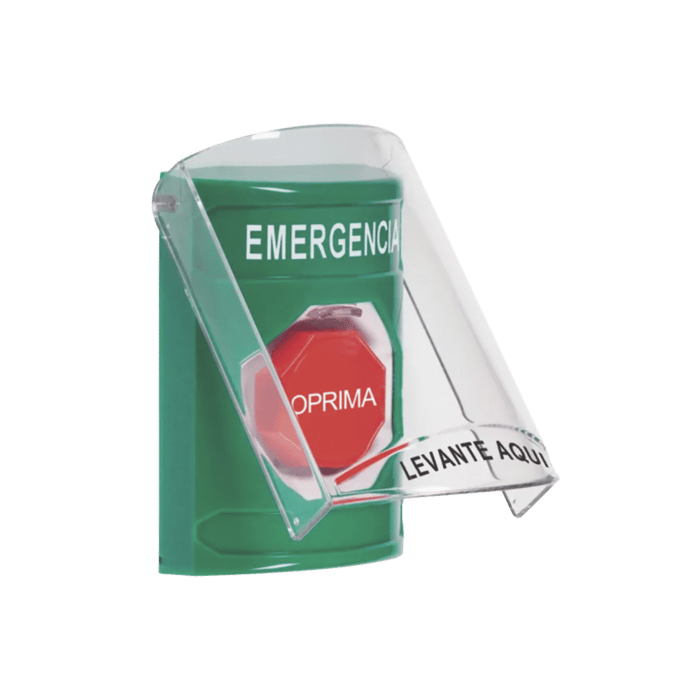 Botón Multipropósito, Color Verde, De Superficie, Con Tapa De Policarbonato, Con Bocina Pre Alarma, Para Interior, Llave Para Restablecer, Texto De Emergencia, Español
