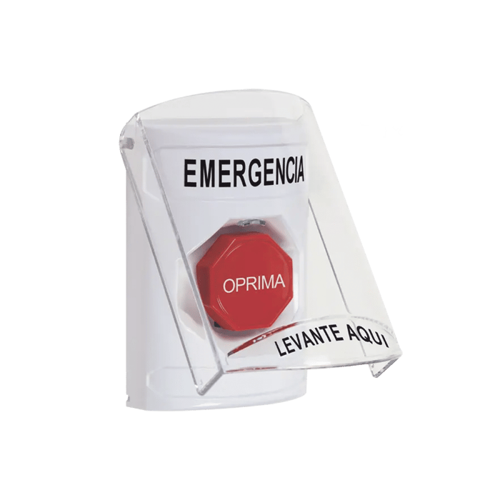 Botón Multipropósito, Color Blanco, De Superficie, Con Tapa De Policarbonato, Con Bocina Pre Alarma, Para Interior, Llave Para Restablecer, Texto De Emergencia, Español
