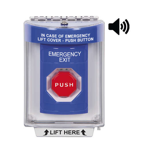 Botón De Salida De Emergencia Con Bocina De Advertencia Integrada, Interior/Exterior, Texto En Ingles, Tapa Protectora De Policarbonato Súper Resistente, Neumático
