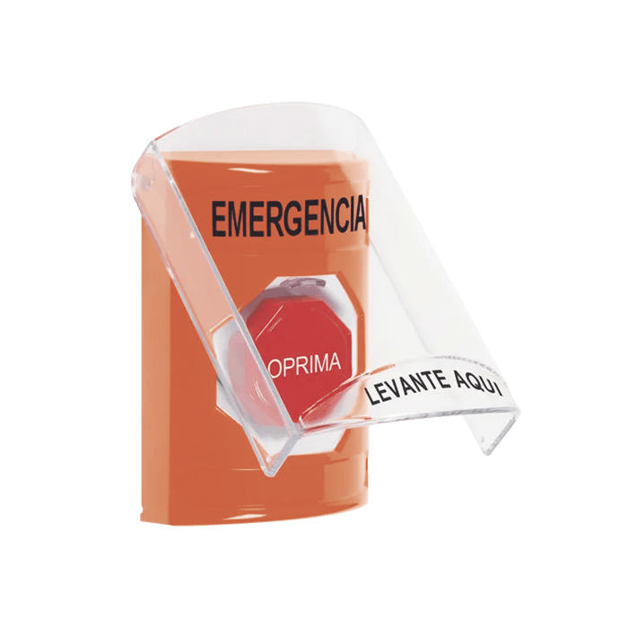 Botón Multipropósito, Color Naranja, De Superficie, Con Tapa De Policarbonato, Con Bocina Pre Alarma, Para Interior, Llave Para Restablecer, Texto De Emergencia, Español