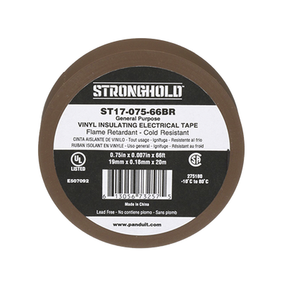 Cinta Eléctrica Stronghold Para Aislar, De Pvc, Uso General Reparación Y Mantenimiento, Grosor De 0.18mm (7 Mil), Ancho De 19mm, Y 20.12m De Largo, Color Café