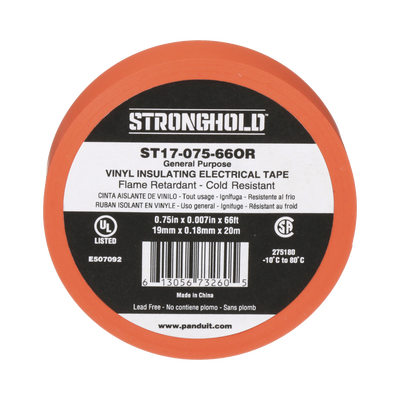 Cinta Eléctrica Stronghold Para Aislar, De Pvc, Uso General Reparación Y Mantenimiento, Grosor De 0.18mm (7 Mil), Ancho De 19mm, Y 20.12m De Largo, Color Naranja