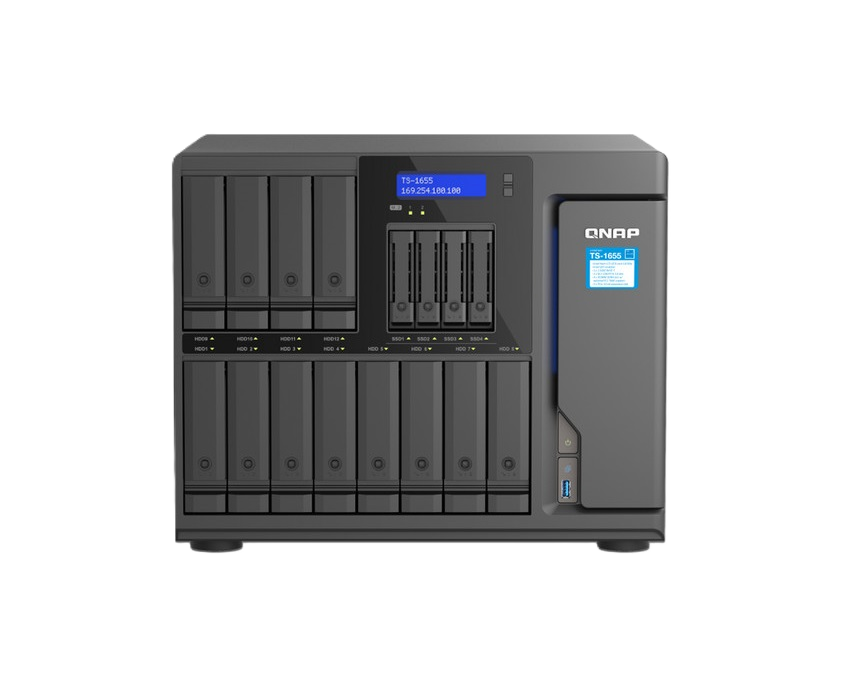 Nas Qnap Ts-1655-8g/ 16 Bahias /12 Sata De 3,5 4 Sata De 2,5/ocho Nucleos 2.8ghz/8gb Ddr4 Hasta 128gb/2 Pto 2,5 Gbe/usb 3.2 X4/ Hotswap/ No Incluye Discos/ Atom C5125/ Torre/ Hasta 240 Tb