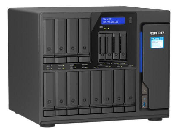 Nas Qnap Ts-1655-8g/ 16 Bahias /12 Sata De 3,5 4 Sata De 2,5/ocho Nucleos 2.8ghz/8gb Ddr4 Hasta 128gb/2 Pto 2,5 Gbe/usb 3.2 X4/ Hotswap/ No Incluye Discos/ Atom C5125/ Torre/ Hasta 240 Tb