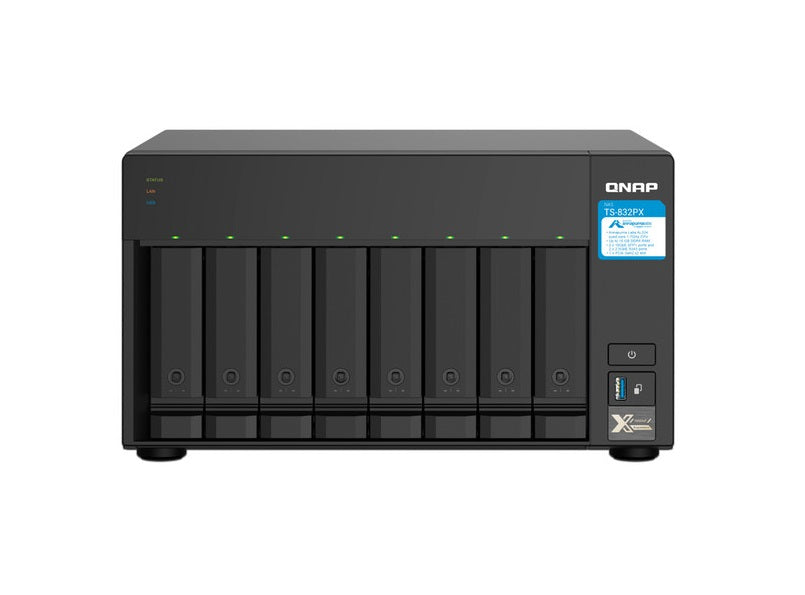 Nas Qnap Ts-832px-4g/ 8 Bahias Sata Hdd De 3,5/ Nucleo Cuadruple 1.7ghz/4gb Ddr4 Sodimm Ampliable A 16gb/2 Pto 2,5 Gbe /2 Pto 10 Gbe /usb 3.2 X3/ Hotswap/ No Incluye Discos/ Hasta 144tb