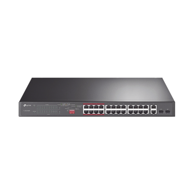 Switch No Administrable 24 Puertos PoE+ 10/100 Mbps / 2 Puertos 10/100/1000 Mbps + 2 Puertos SFP (combo) / Modo Prioridad de Tráfico / Modo Aislamiento de Red / Presupuesto PoE de 250 W / Diseño para Ideal para Vigilancia IP