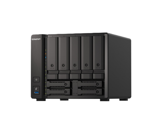 Nas Qnap Ts-h973ax-8g/ 9 Bahias /5 De 3,5 4 De 2,5/nucleo Cuadruple 2.2ghz/8gb Ddr4 Sodimm Hasta 64gb/2 Pto 2,5 Gbe/1 Pto 10 Gbe /usb 3.2 X3/ Hotswap/ No Incluye Discos/ Amd