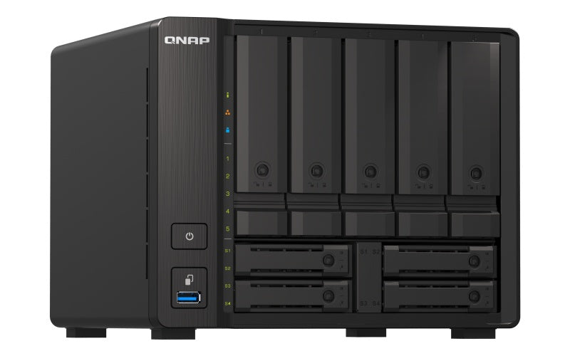 Nas Qnap Ts-h973ax-8g/ 9 Bahias /5 De 3,5 4 De 2,5/nucleo Cuadruple 2.2ghz/8gb Ddr4 Sodimm Hasta 64gb/2 Pto 2,5 Gbe/1 Pto 10 Gbe /usb 3.2 X3/ Hotswap/ No Incluye Discos/ Amd