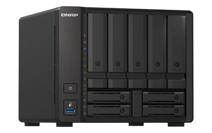 Nas Qnap Ts-h973ax-8g/ 9 Bahias /5 De 3,5 4 De 2,5/nucleo Cuadruple 2.2ghz/8gb Ddr4 Sodimm Hasta 64gb/2 Pto 2,5 Gbe/1 Pto 10 Gbe /usb 3.2 X3/ Hotswap/ No Incluye Discos/ Amd