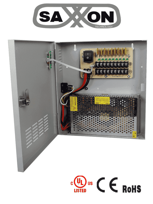 Fuente De Poder Saxxon Regulada/ 12v/ 20 Amperes/ Distribuidor Para 9 Camaras/ 2.22 Amp Por Canal