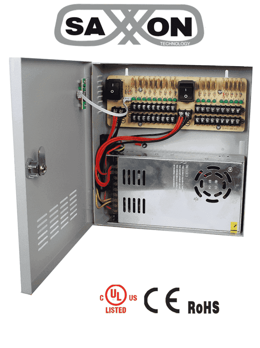 Fuente De Poder Saxxon 12v Cd/ 30 Amperes/ Distribuidor Para 18 Cámaras/ 1.65 Amperes Por Canal/ce/ Fcc/ Certificacion Ul