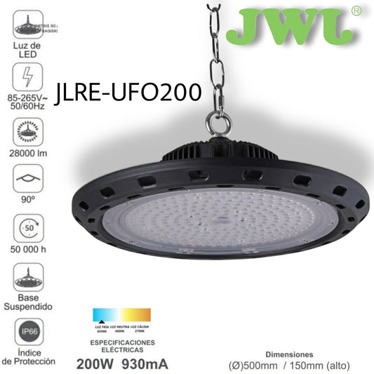 Campana Led Industrial UFO / 200 W / Suspendido / 85 - 265 V CA / Luz Fría 6500 K.