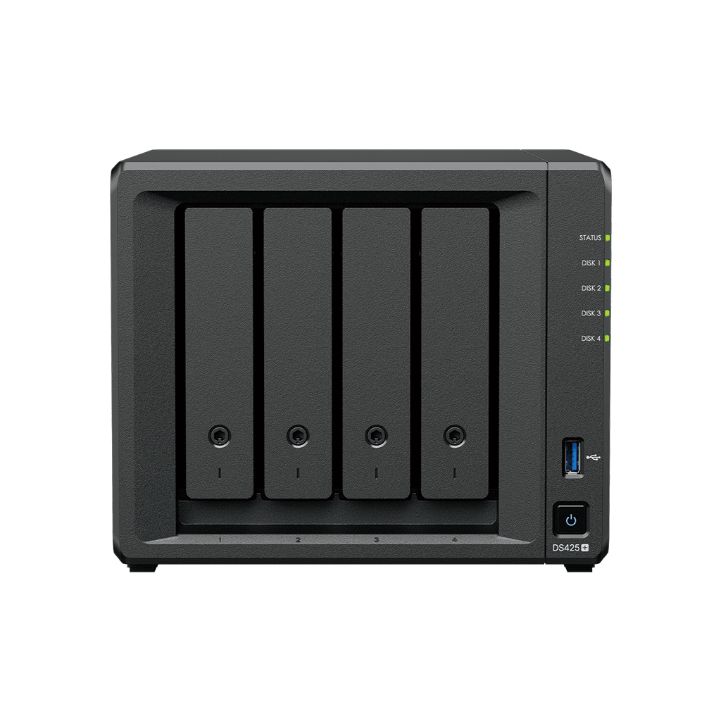 Nas Synology Ds425+ /4 Bahias Nucleo Cuadruple 2.0 Ghz/ Hasta 80 Tb, 2gb Ddr4 Hasta 6gb/ Pto 1gbe Lan, 1 Pto 2.5gbe Lan / Usb 3.2 X 2/ Hot Swap/ Soporta M.2 2280 Nvme /no Incluye Discos Celeron J4125