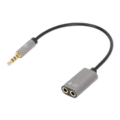 Adaptador Audio,manhattan,356107, 3.5mm Trrs 1 M A 2 H, 20cm, Divide Audio Para Audifono Y Mic, Negro