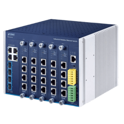 Switch Modular Industrial Capa 3 / 5 Slots / 4 Puertos Gigabit RJ45 / 4 Puertos SFP+ 10G / Rango de Temperatura -40~75°C / Entrada de Potencia Redundante 12-48V / Soporte IPv6/IPv4