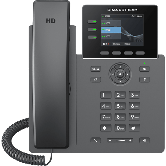 Teléfono IP Grado Operador / 3 Líneas / 12 Botones Virtuales Multiuso / Pantalla LCD 2.8 Pulgadas / Puertos Gigabit con PoE / Audio HD / Compatible con GDMS