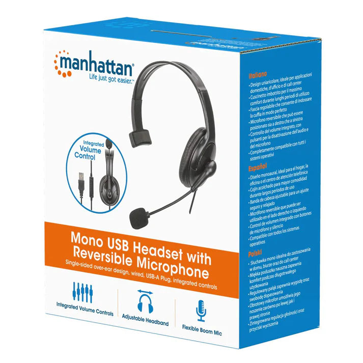 Audifonos Diadema, Manhattan,180849,audifono C/microfono Usb, Monoaural, Reversible Mic