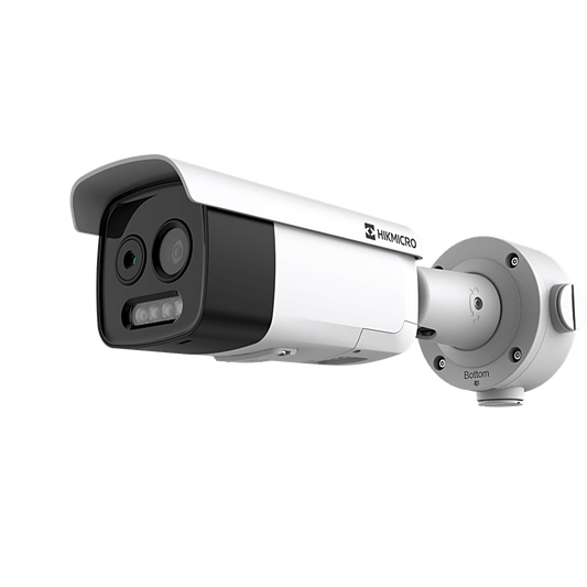 Bala IP Dual / Térmica 3.6 mm (256 × 192) / Óptico 4.3 mm (4 Megapixel) / 30 mts IR / Exterior IP67 / PoE / Termométrica / Detección de Temperatura / Sirena y Luz Intermitente Integrada / MicroSD