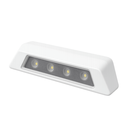 Luz de escena, 4 LED, bisel blanco, 12–24VCD, LED blanco y lente transparente