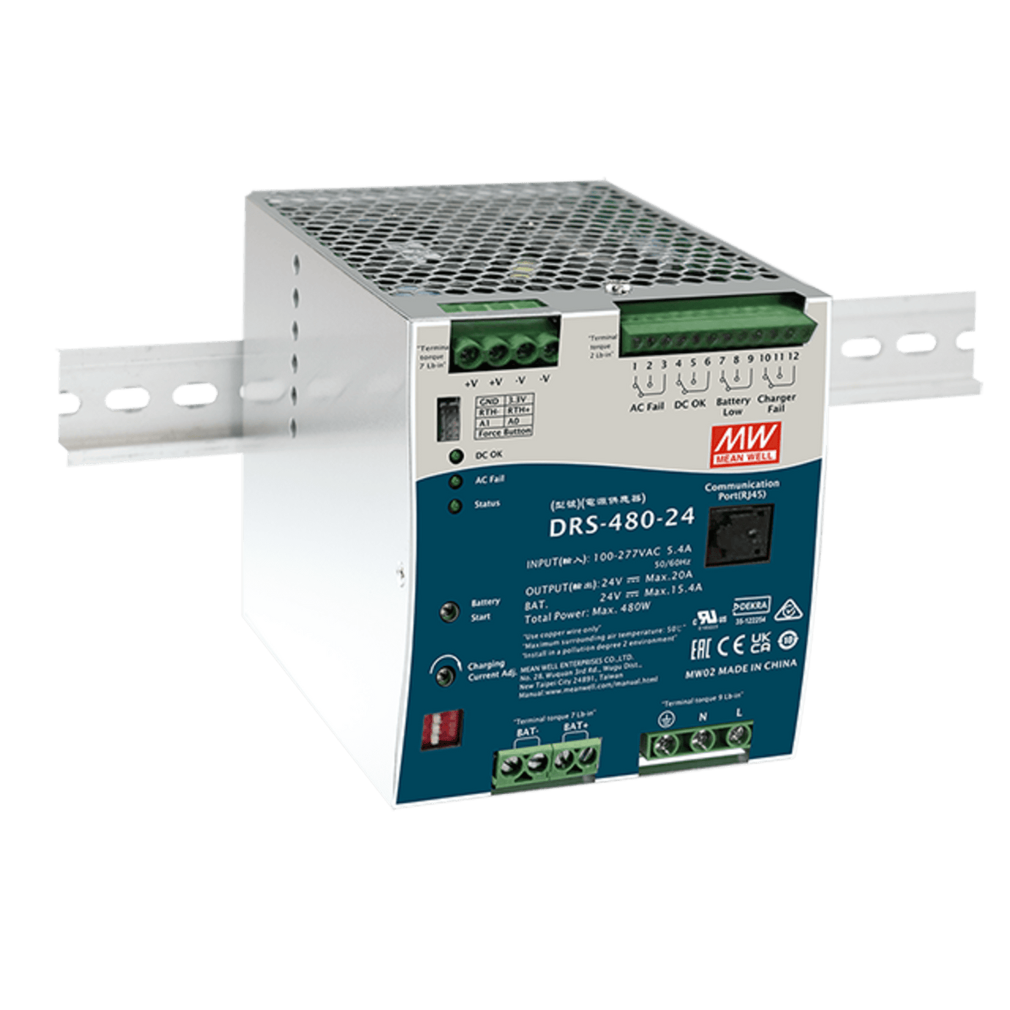 Fuente de Poder Industrial de 480W con Cargador de Baterías, salida 24Vcc, 20A, para montaje Riel Din