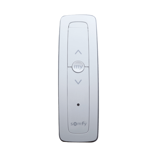 Control remoto 1 canal para motores de persiana Somfy con señal inalámbrica, instrucciones: sube, baja y detener, con posición favorita programada.