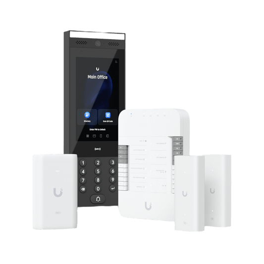 Kit de Inicio para Control de Puerta Vehicular / Intercomunicador / Desbloqueo NFC, QR, PIN, app móvil, solicitud de apertura a contacto de agenda, reconocimiento de Placas (al emparejar con una cámara UniFi AI) / Incluye HUB, Intercom, Adap