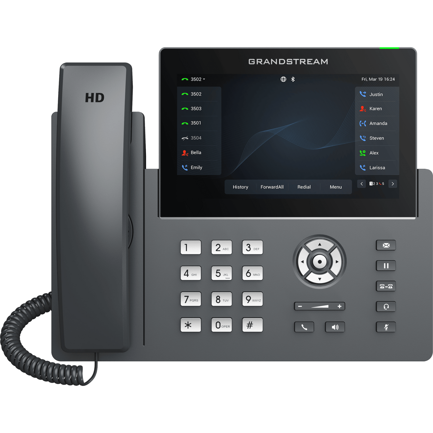 Teléfono IP Wi-Fi, Grado Operador, 12 líneas SIP con 6 cuentas, pantalla táctil  7", puertos Gigabit, Bluetooth, PoE, codec Opus, IPV4/IPV6 con gestión en la nube GDMS