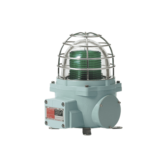 Baliza con luz LED color Verde con patrón de destello fijo o flasheante, ideal para zonas y áreas peligrosas, opera en un rango de 120 VCA