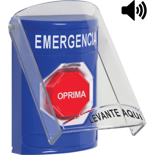?Botón Multipropósito, Color Azul, De Superficie, Con Tapa De Policarbonato, Con Bocina Pre Alarma, Solo Interior, Llave Para Restablecer, Texto De Emergencia, Español