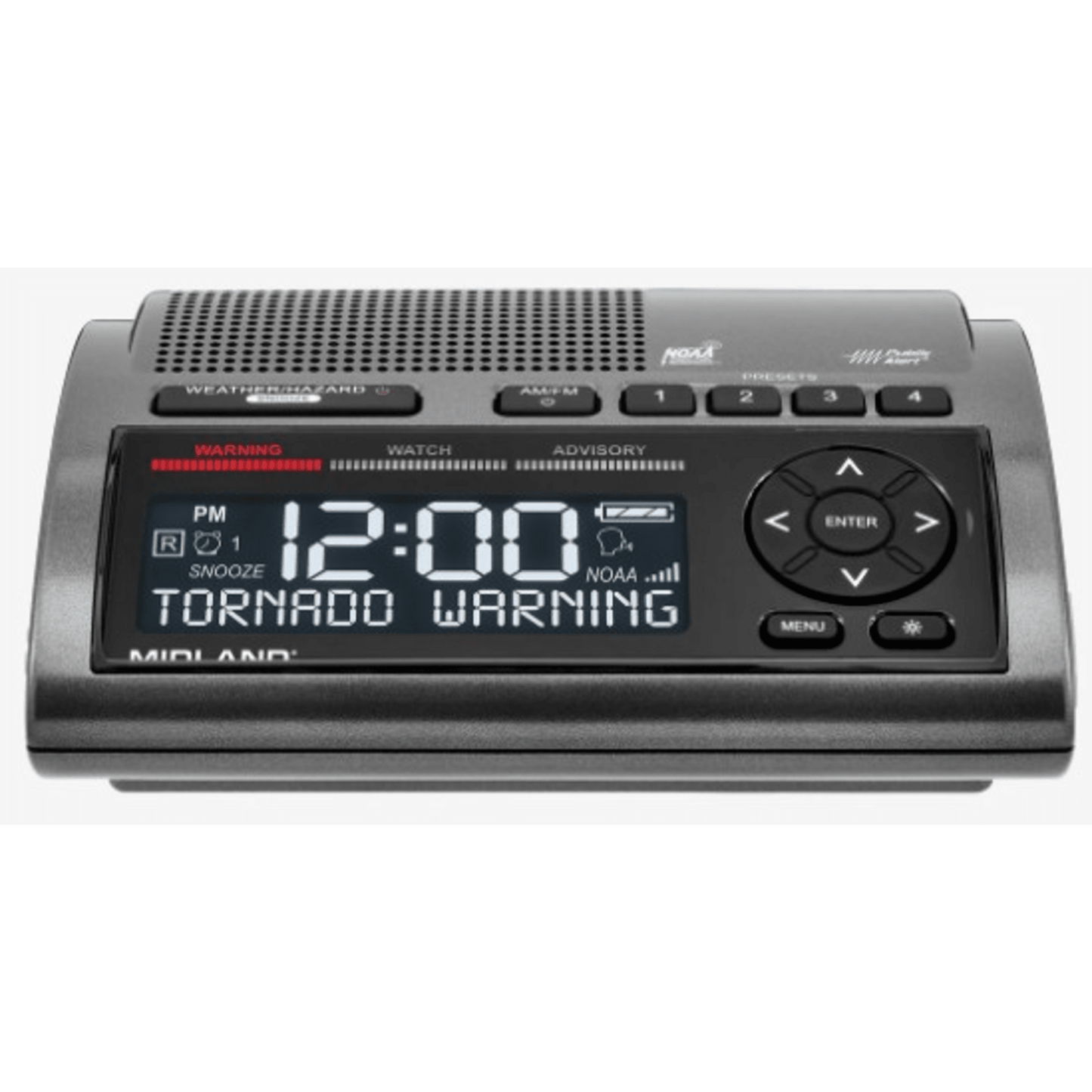 Radio de Alerta Meteorológica WR400 / 7 Canales NOAA y Environment Canada / Almacena 10 Alertas / Sirena de 85 dB / Reloj Dual con Alarma / Carga USB / Certificado Public Alert